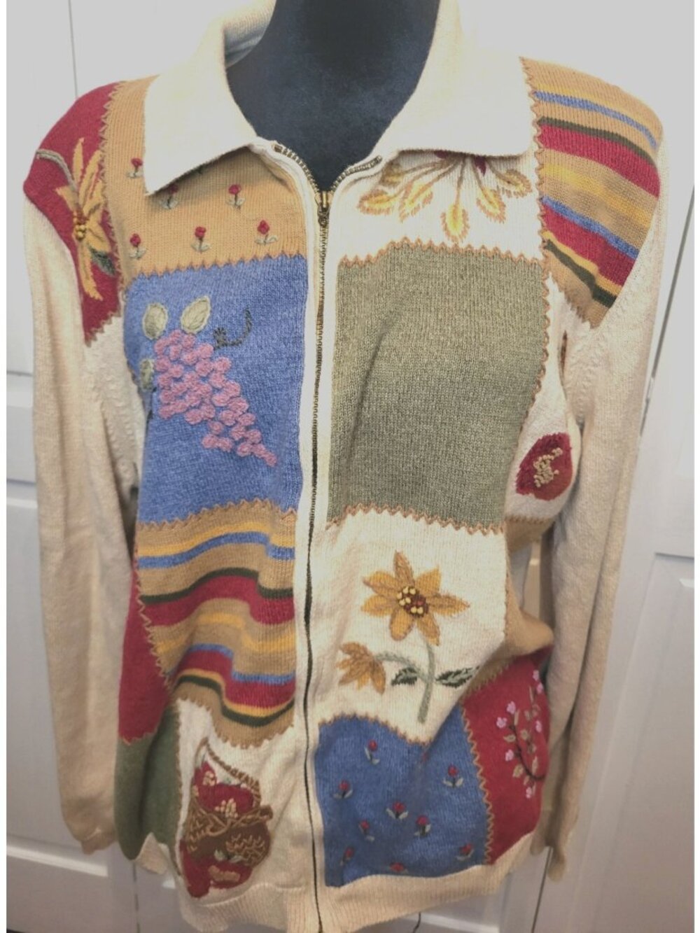 Alfred Dunner 90s Patchwork Fall Print Zip Up Cardigan XL Cottage Teacher Preppy